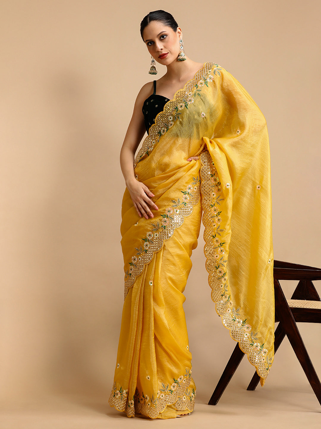 Jyoti Fashion Women's Yellow Art Silk Sequins Embroidered Designer Saree with Blouse | Grocsy