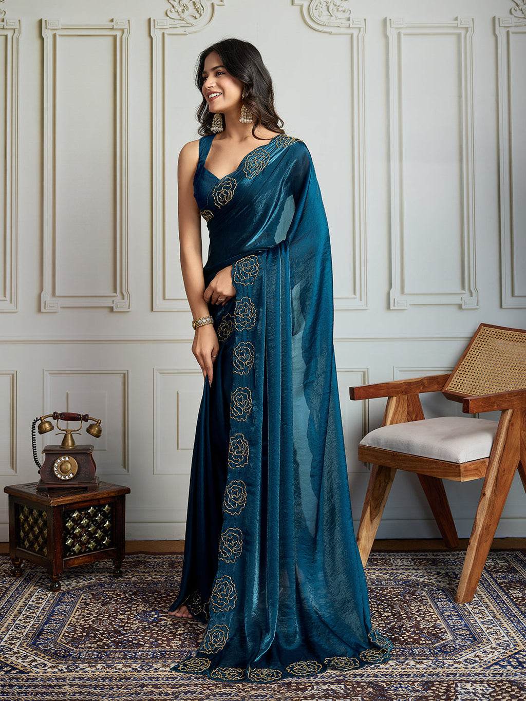 Jyoti Fashion Women's Morpich Fandy Satin Handwork Designer Saree with Blouse | Grocsy