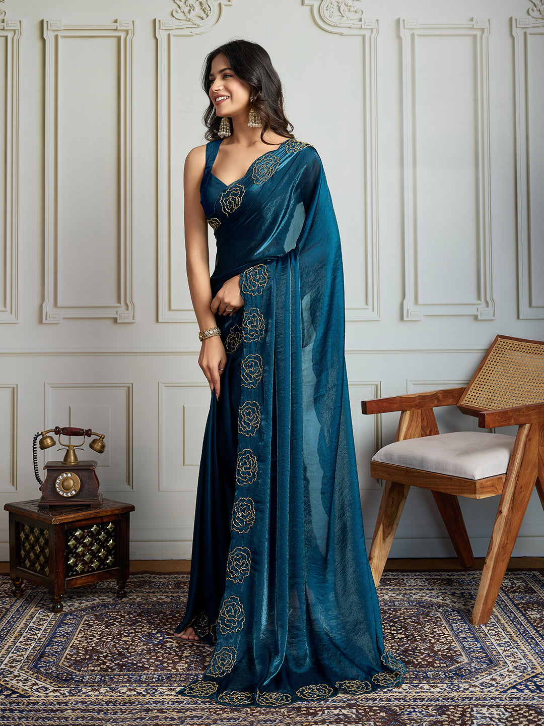 Jyoti Fashion Women's Morpich Fandy Satin Handwork Designer Saree with Blouse | Grocsy