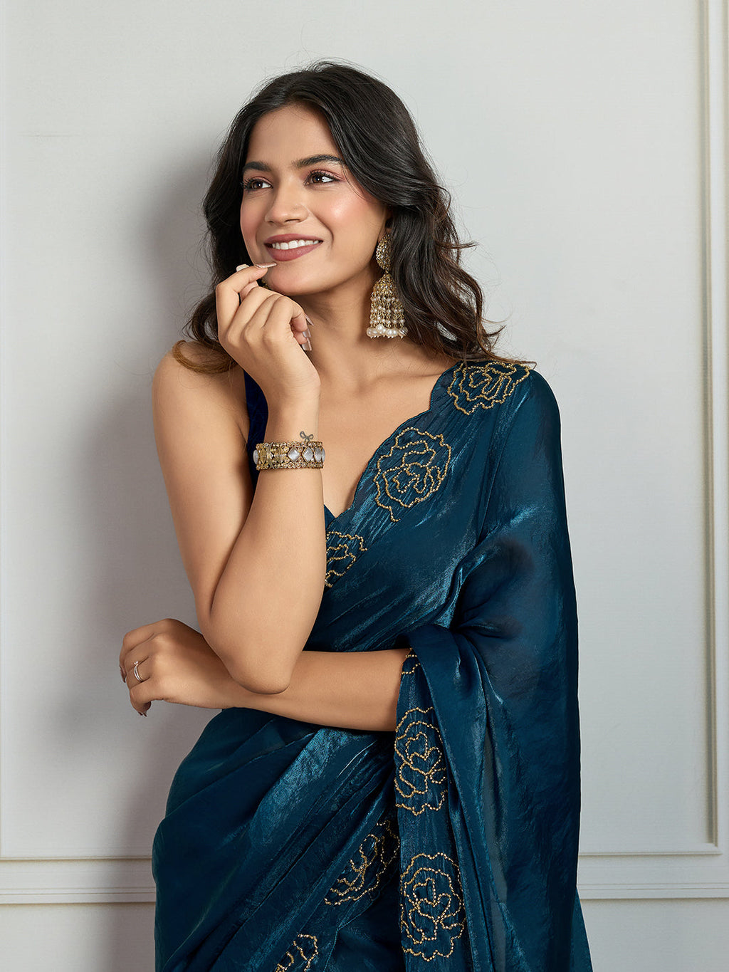Jyoti Fashion Women's Morpich Fandy Satin Handwork Designer Saree with Blouse | Grocsy