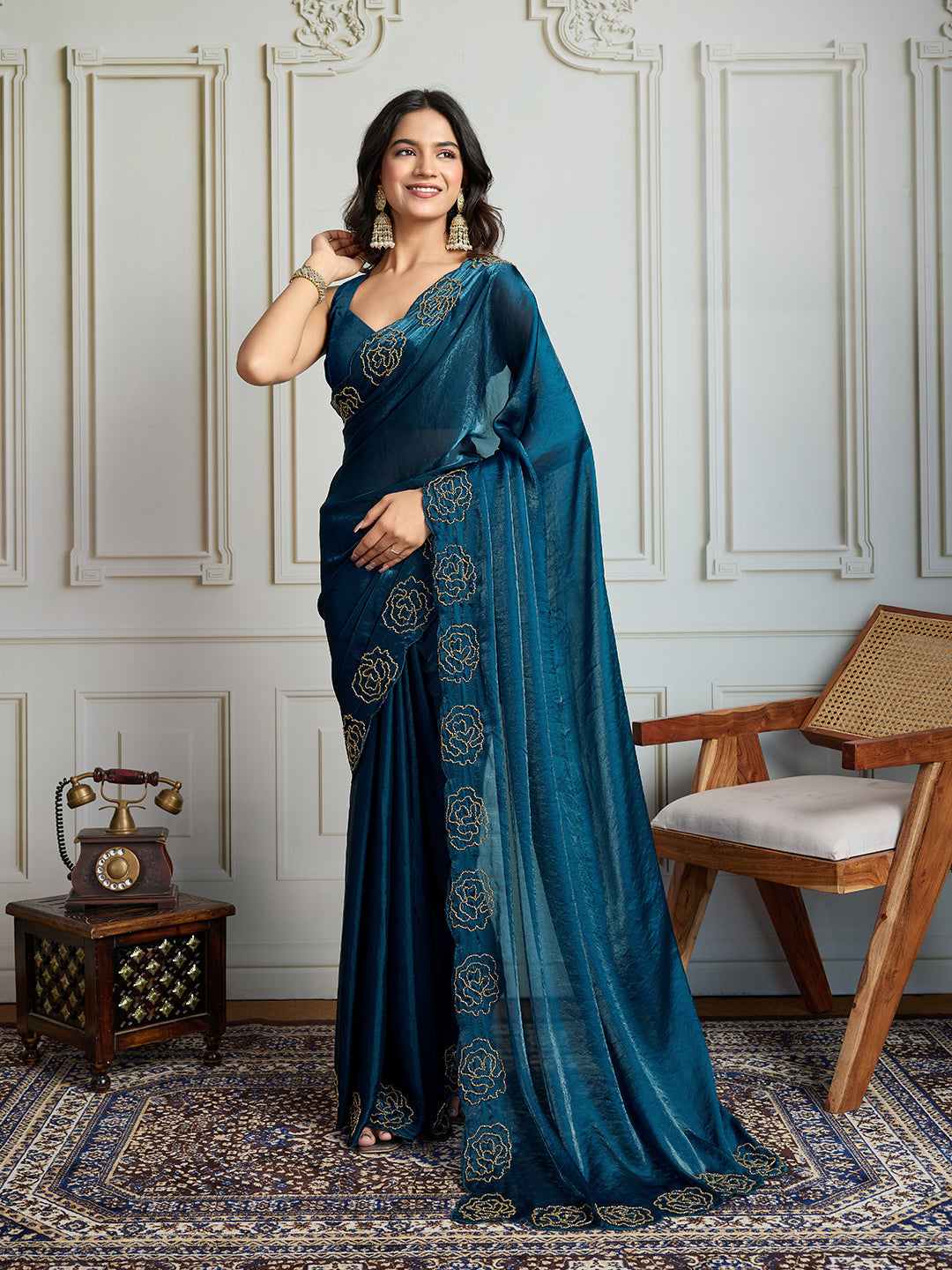 Jyoti Fashion Women's Morpich Fandy Satin Handwork Designer Saree with Blouse | Grocsy