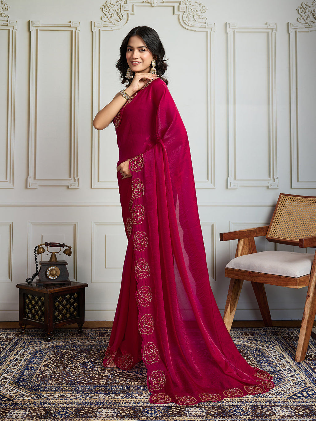 Jyoti Fashion Women's Rani Pink Fandy Satin Handwork Designer Saree with Blouse | Grocsy