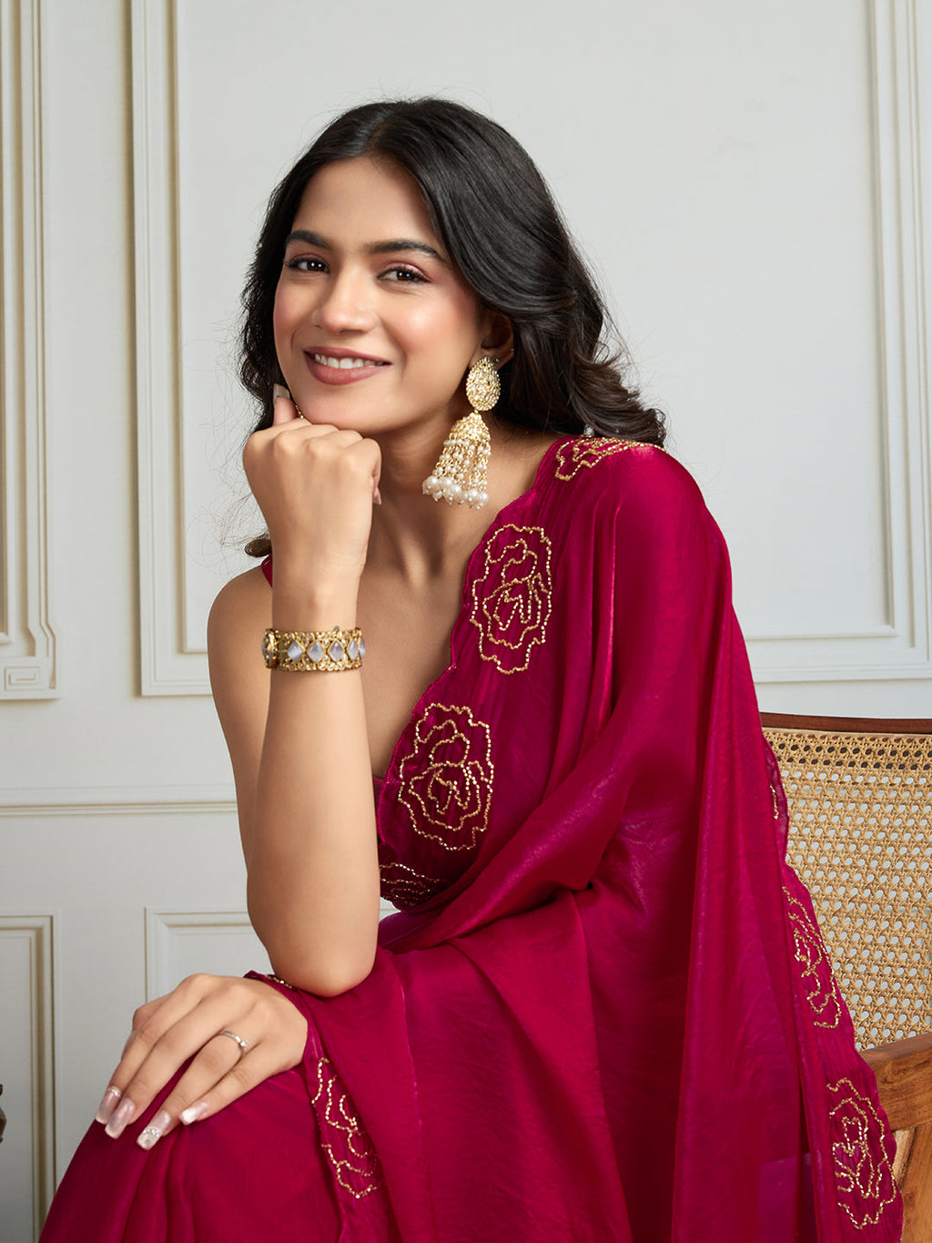 Jyoti Fashion Women's Rani Pink Fandy Satin Handwork Designer Saree with Blouse | Grocsy