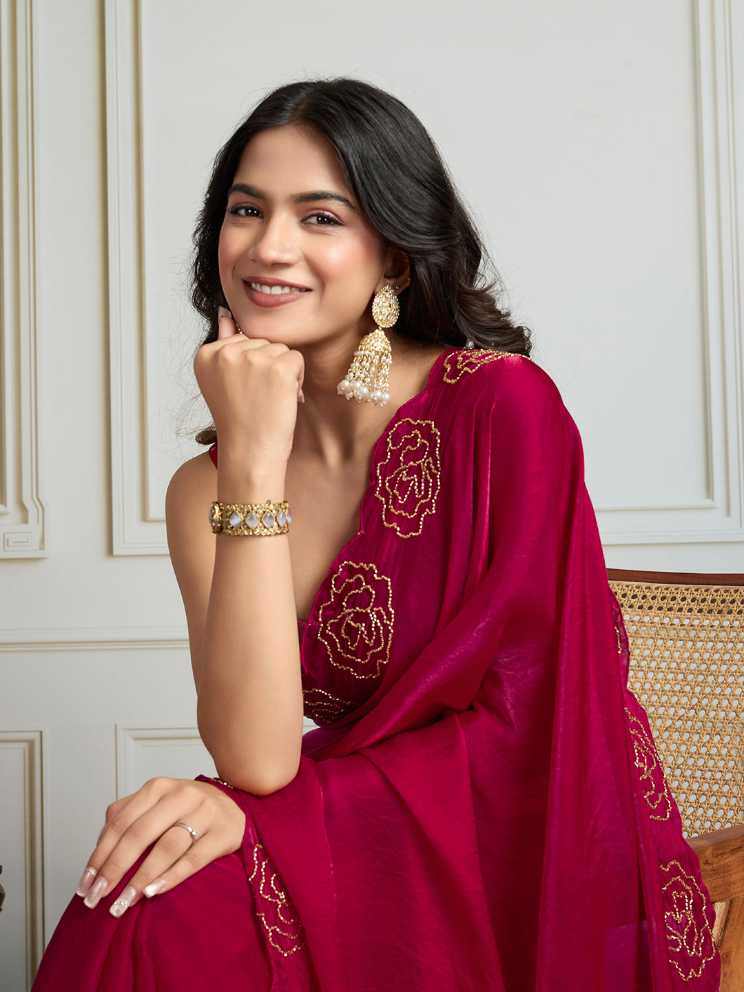 Jyoti Fashion Women's Rani Pink Fandy Satin Handwork Designer Saree with Blouse | Grocsy