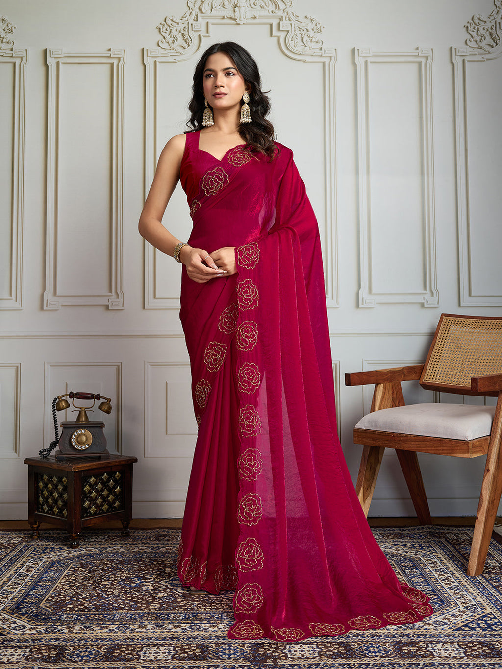 Jyoti Fashion Women's Rani Pink Fandy Satin Handwork Designer Saree with Blouse | Grocsy
