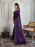 Jyoti Fashion Women's Purple Fandy Satin Handwork Designer Saree with Blouse | Grocsy