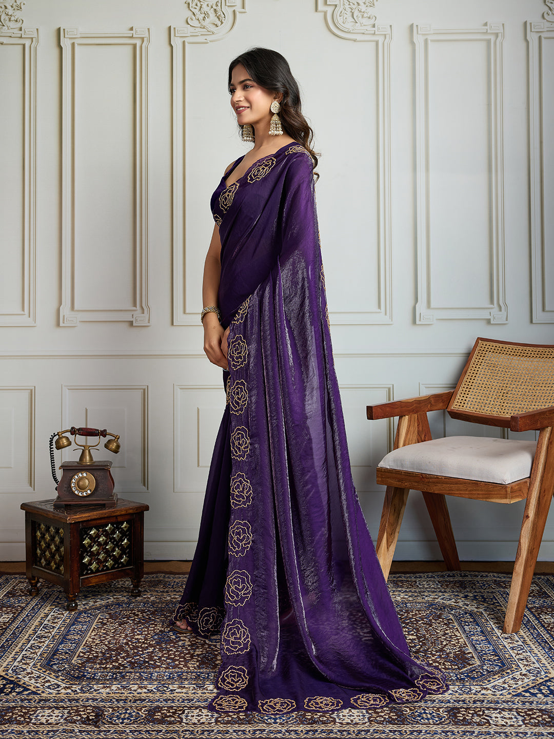 Jyoti Fashion Women's Purple Fandy Satin Handwork Designer Saree with Blouse | Grocsy