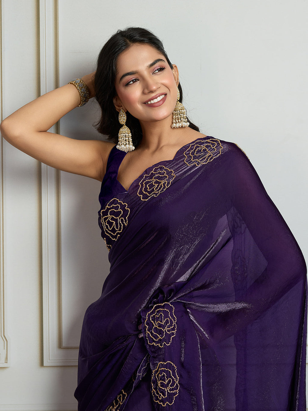 Jyoti Fashion Women's Purple Fandy Satin Handwork Designer Saree with Blouse | Grocsy