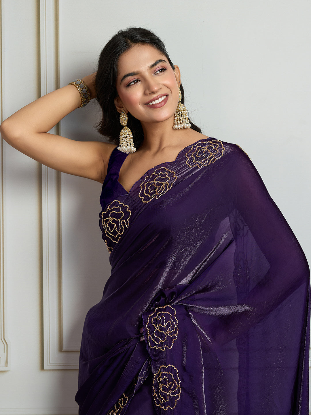 Jyoti Fashion Women's Purple Fandy Satin Handwork Designer Saree with Blouse | Grocsy