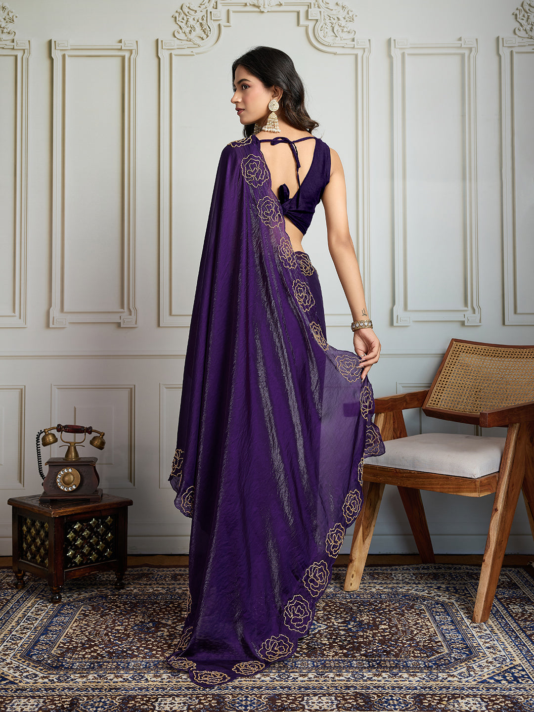 Jyoti Fashion Women's Purple Fandy Satin Handwork Designer Saree with Blouse | Grocsy