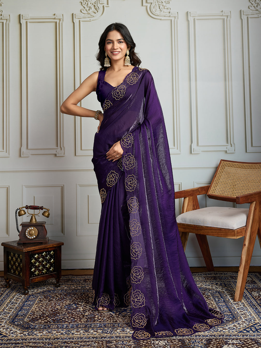 Jyoti Fashion Women's Purple Fandy Satin Handwork Designer Saree with Blouse | Grocsy