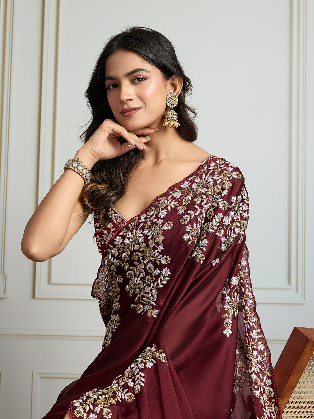 Jyoti Fashion Women's Maroon Rangoli Silk Embroidered Designer Saree with Blouse | Grocsy