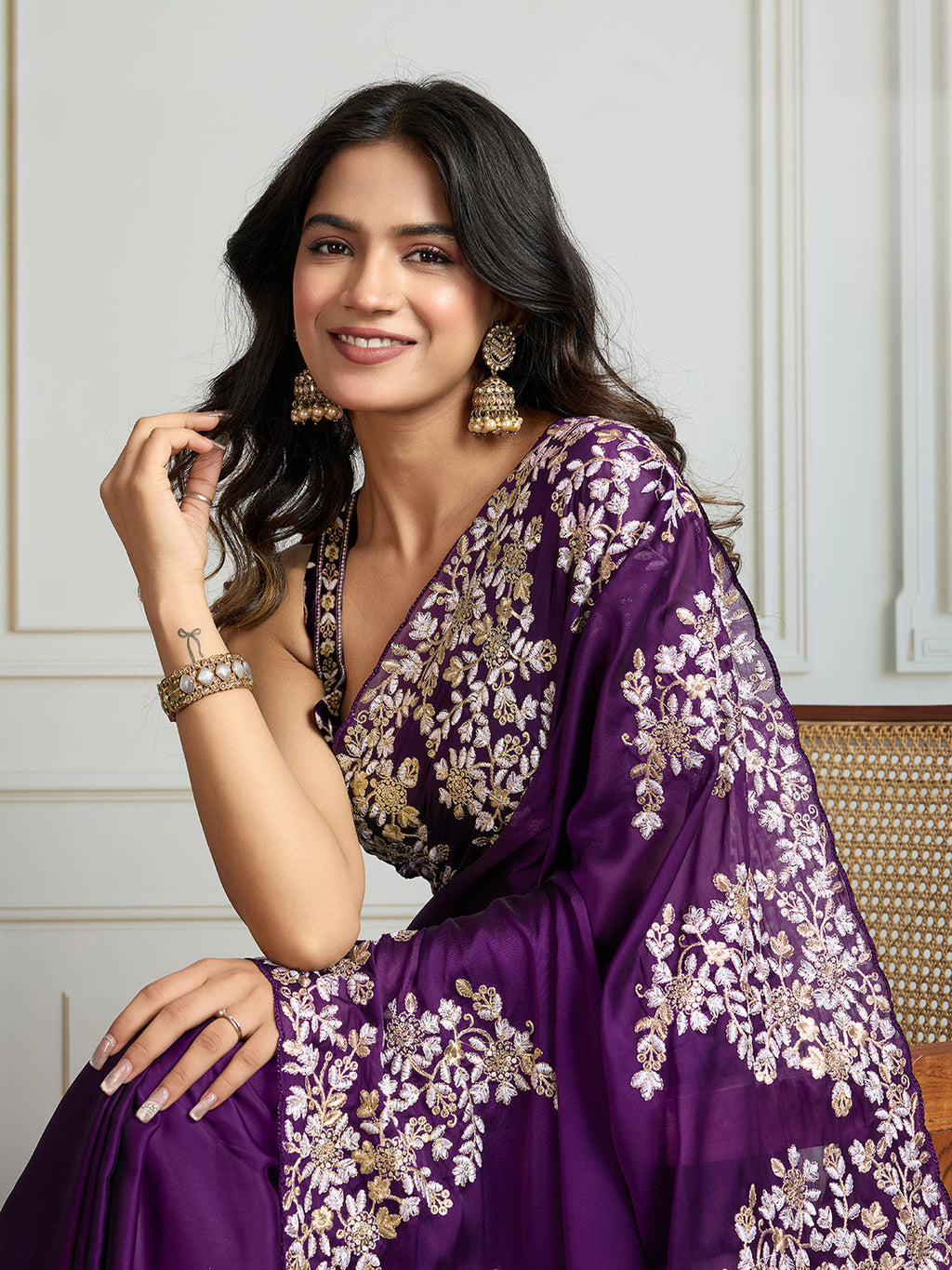Jyoti Fashion Women's Purple Rangoli Silk Embroidered Designer Saree with Blouse | Grocsy