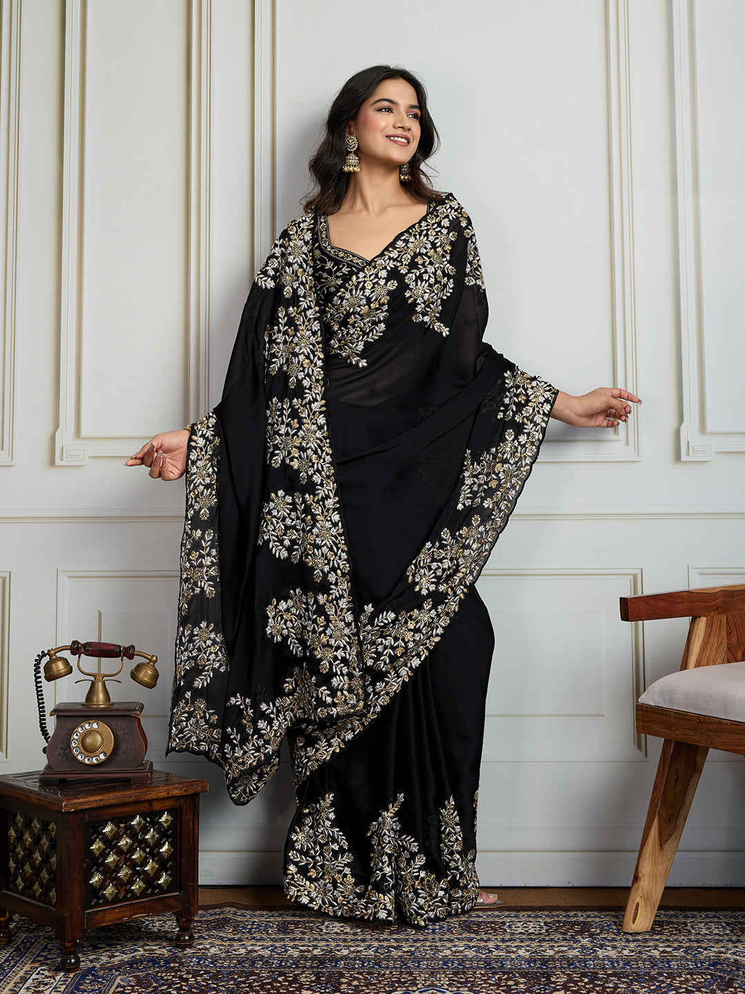 Jyoti Fashion Women's Black Rangoli Silk Embroidered Designer Saree with Blouse | Grocsy