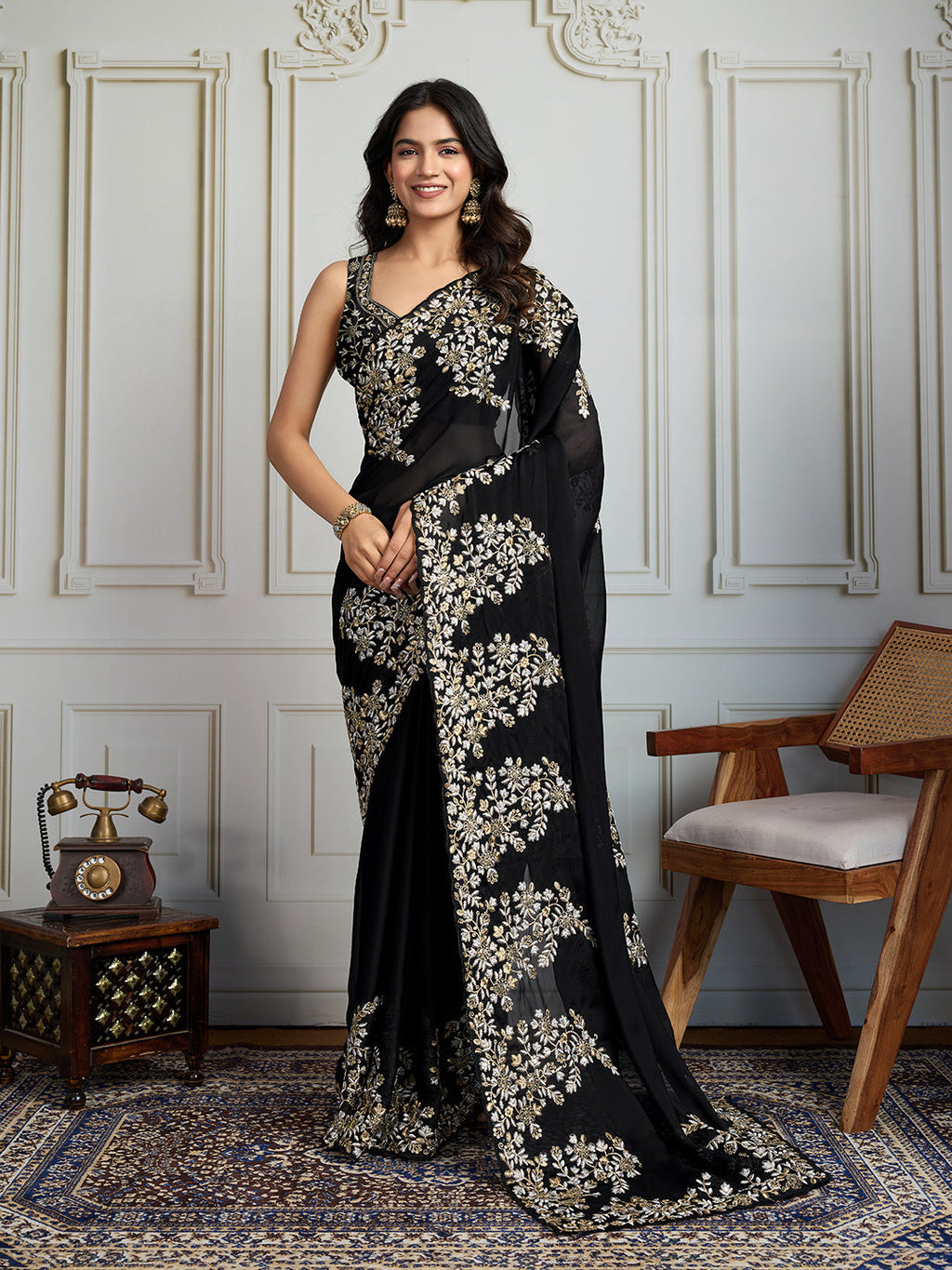 Jyoti Fashion Women's Black Rangoli Silk Embroidered Designer Saree with Blouse | Grocsy