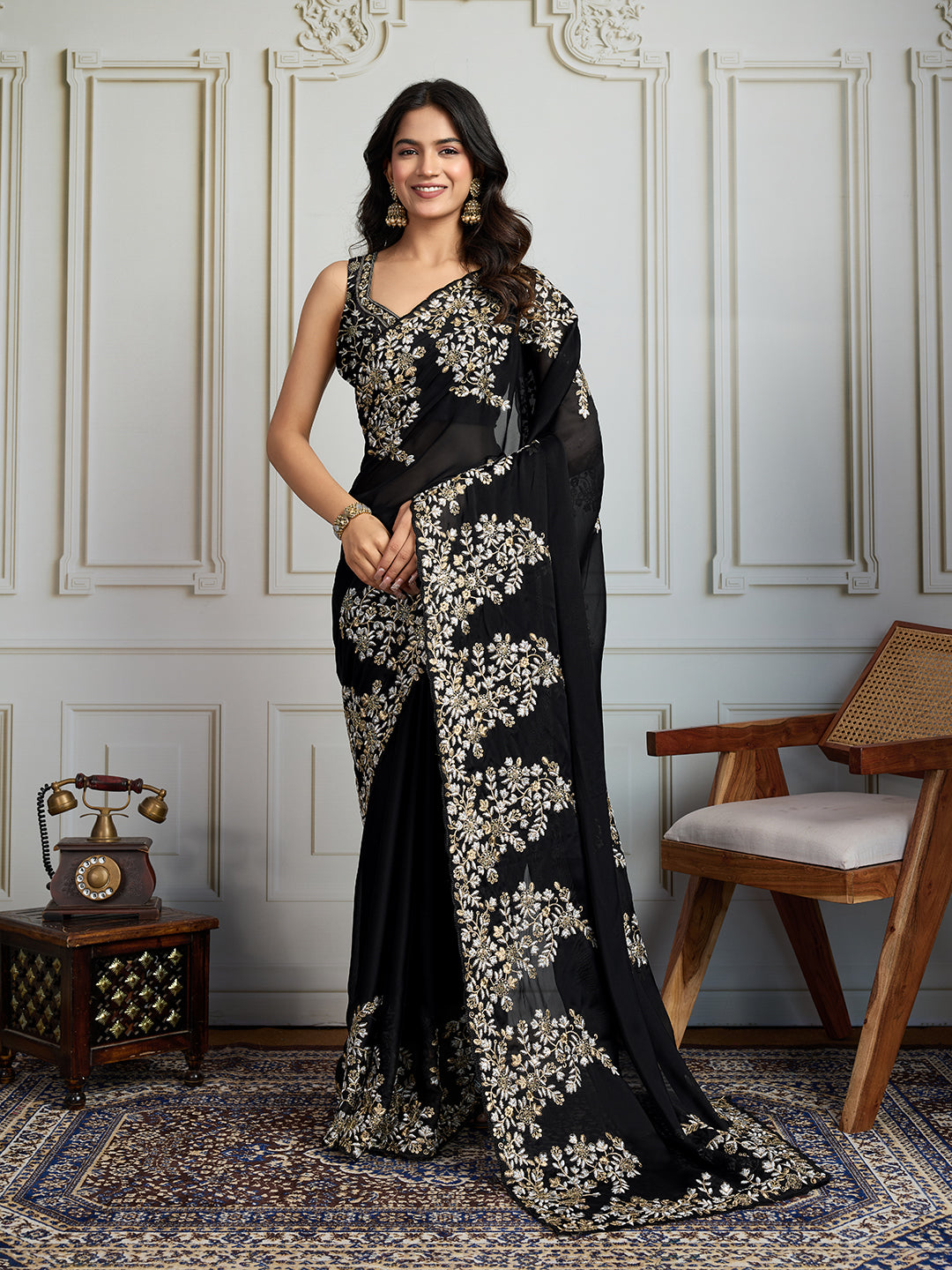 Jyoti Fashion Women's Black Rangoli Silk Embroidered Designer Saree with Blouse | Grocsy