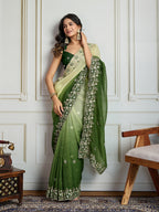 Jyoti Fashion Women's Green Soft Crush Embroidered Designer Saree with Blouse | Grocsy