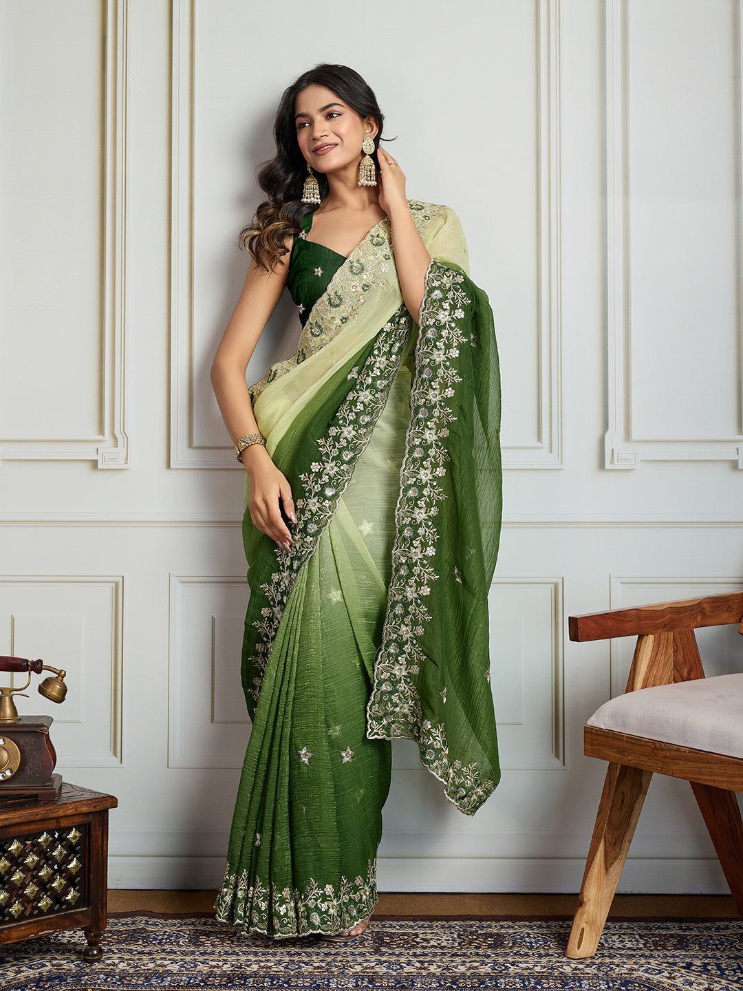 Jyoti Fashion Women's Green Soft Crush Embroidered Designer Saree with Blouse | Grocsy