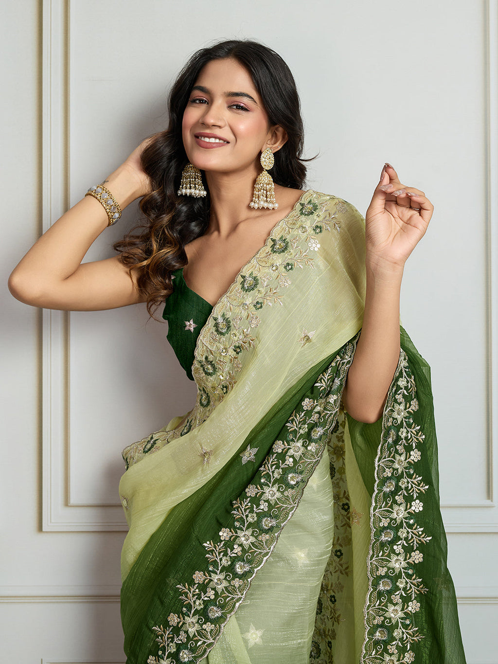 Jyoti Fashion Women's Green Soft Crush Embroidered Designer Saree with Blouse | Grocsy