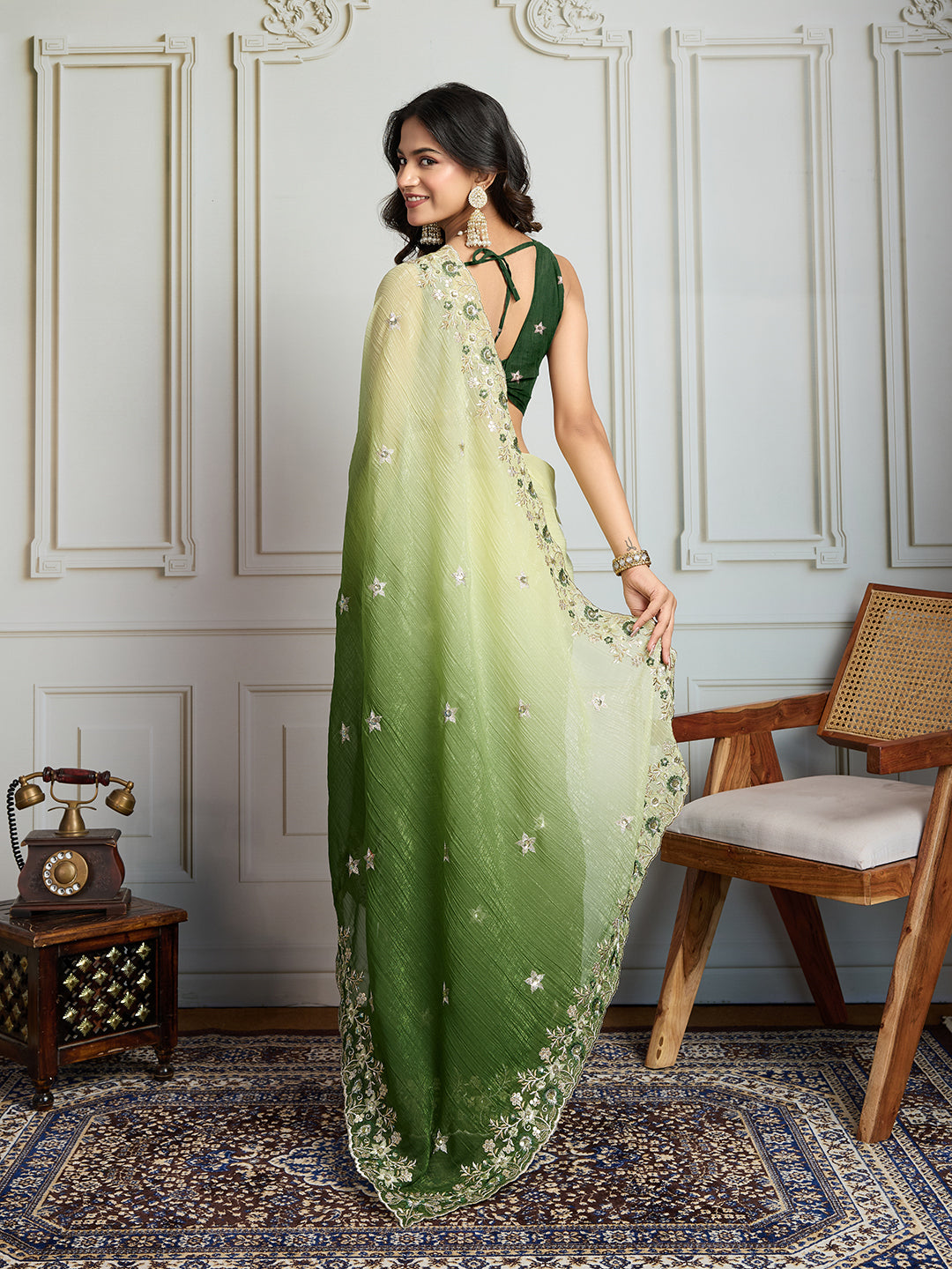 Jyoti Fashion Women's Green Soft Crush Embroidered Designer Saree with Blouse | Grocsy