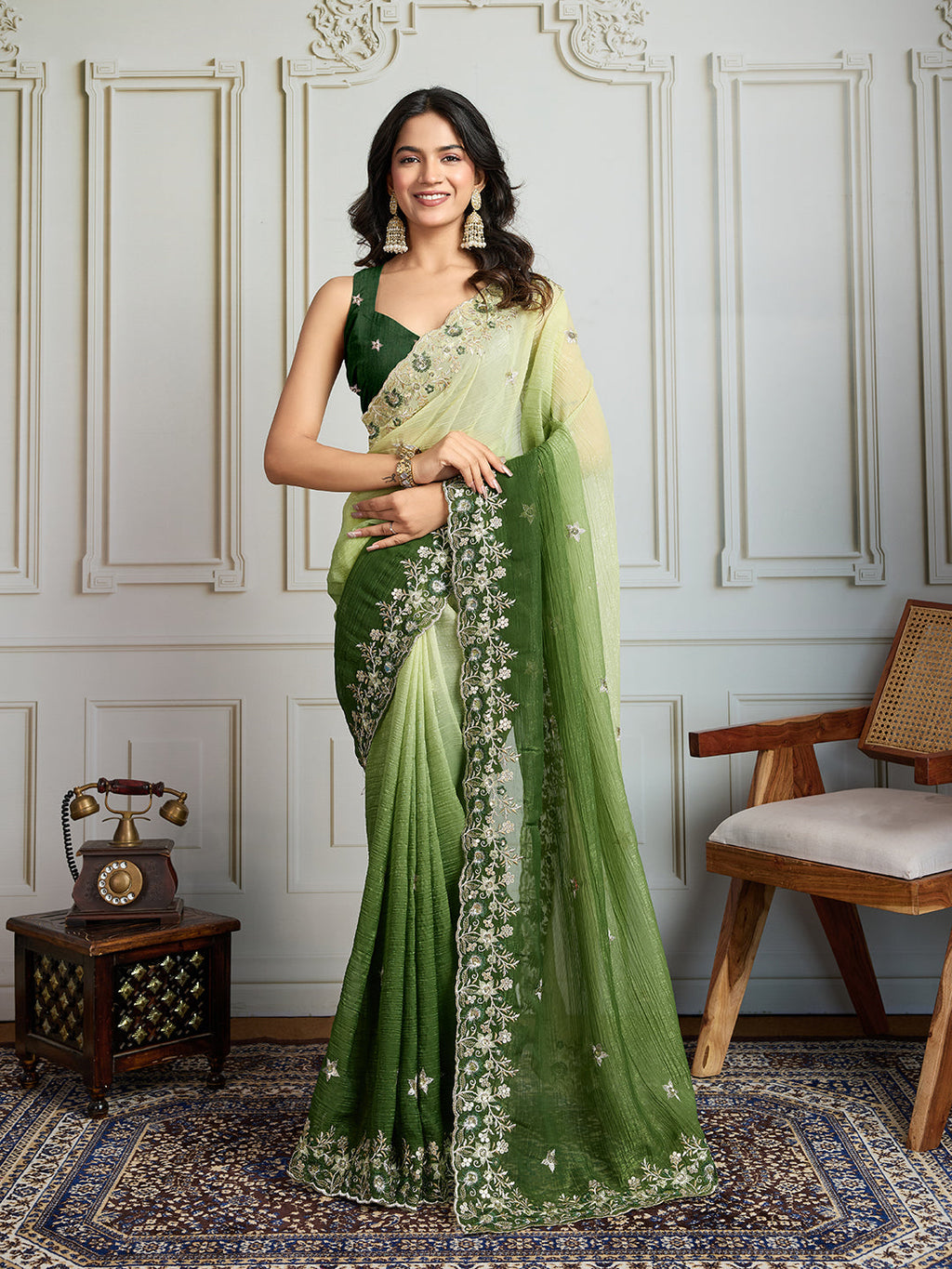 Jyoti Fashion Women's Green Soft Crush Embroidered Designer Saree with Blouse | Grocsy