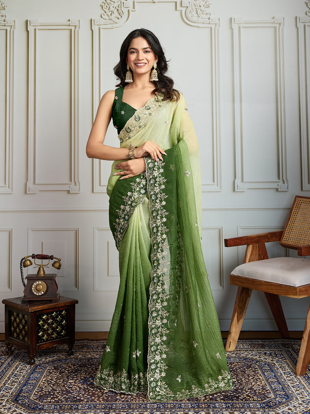 Jyoti Fashion Women's Green Soft Crush Embroidered Designer Saree with Blouse | Grocsy