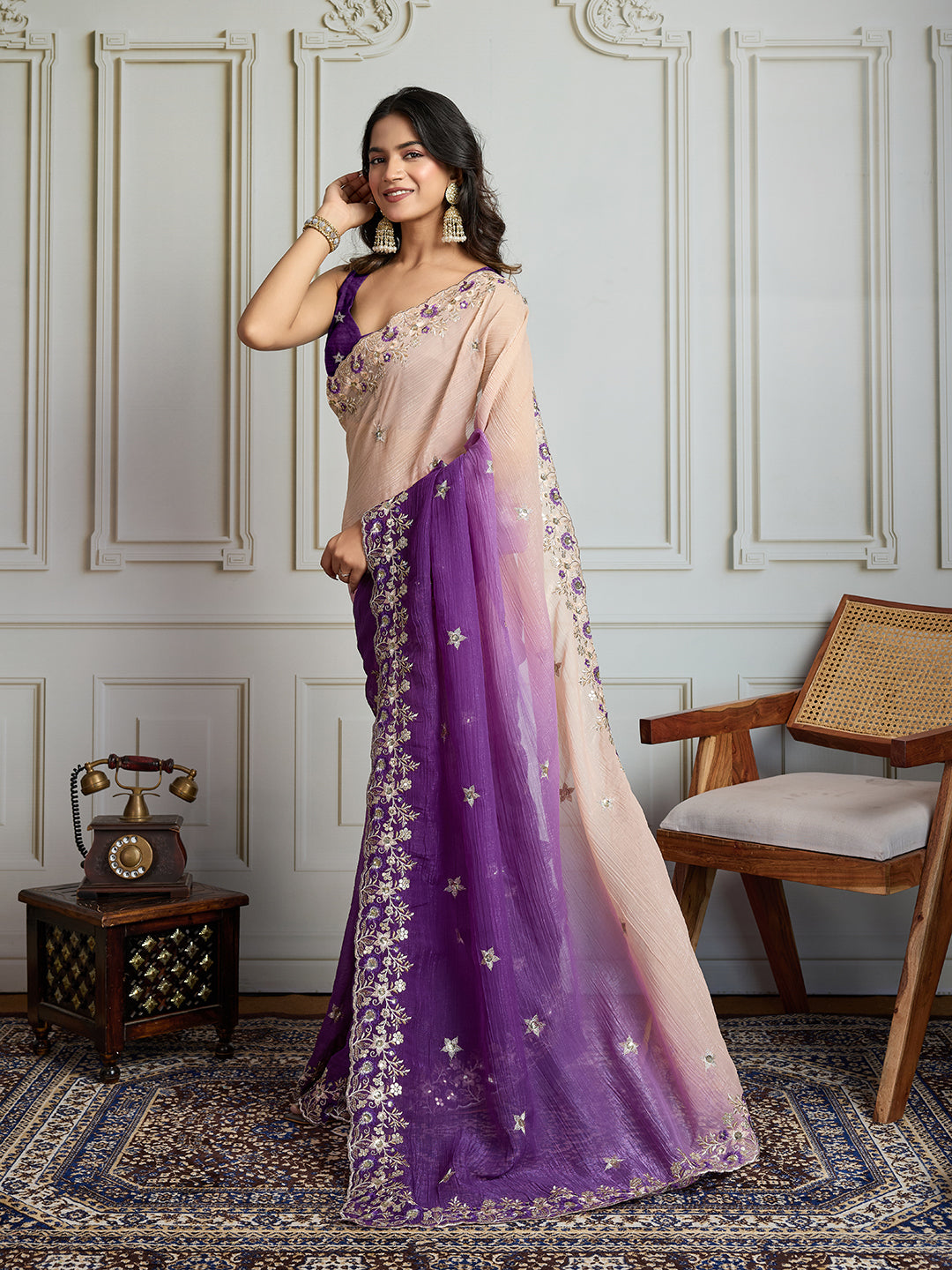 Jyoti Fashion Women's Purple Soft Crush Embroidered Designer Saree with Blouse | Grocsy