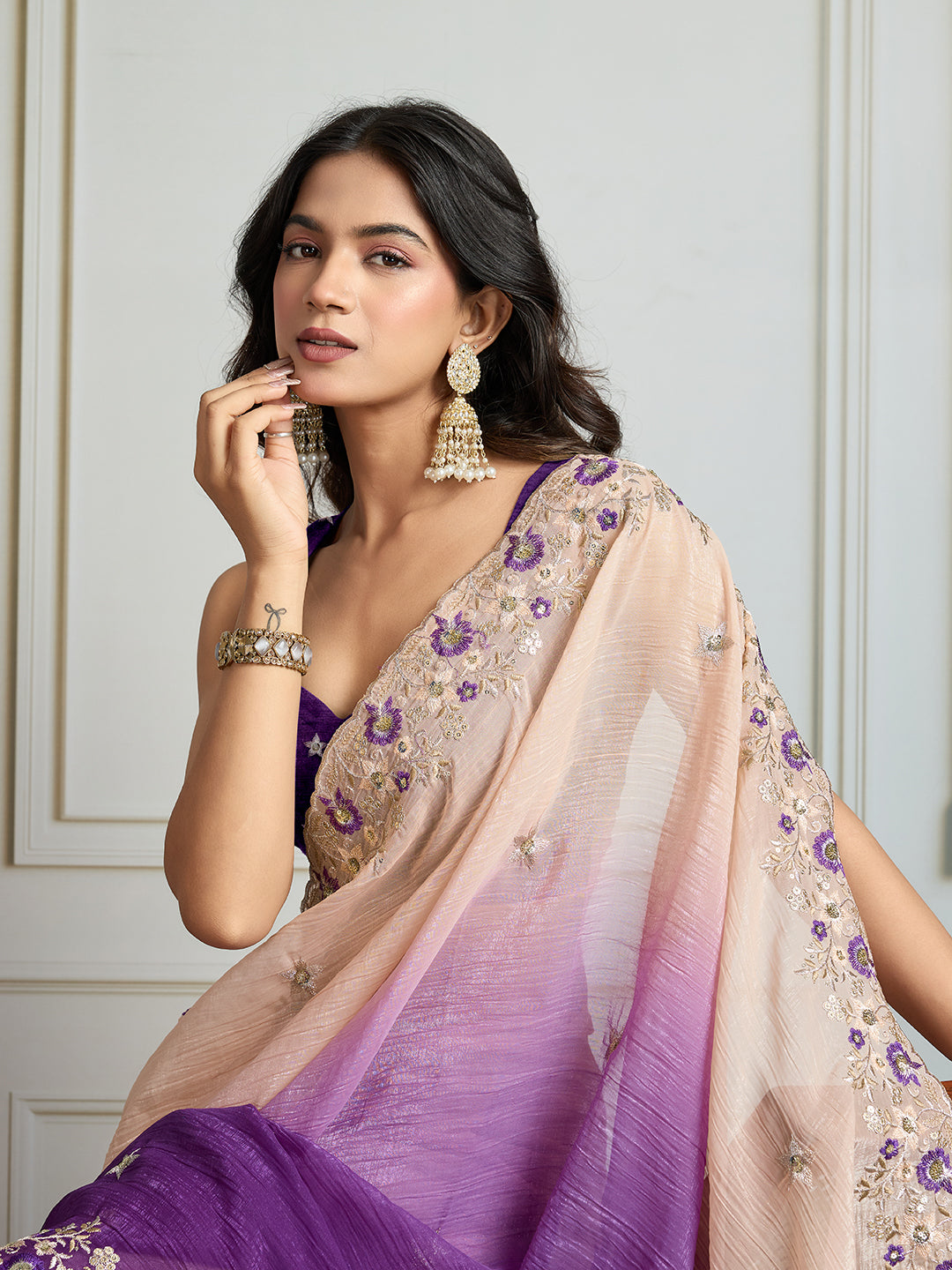 Jyoti Fashion Women's Purple Soft Crush Embroidered Designer Saree with Blouse | Grocsy