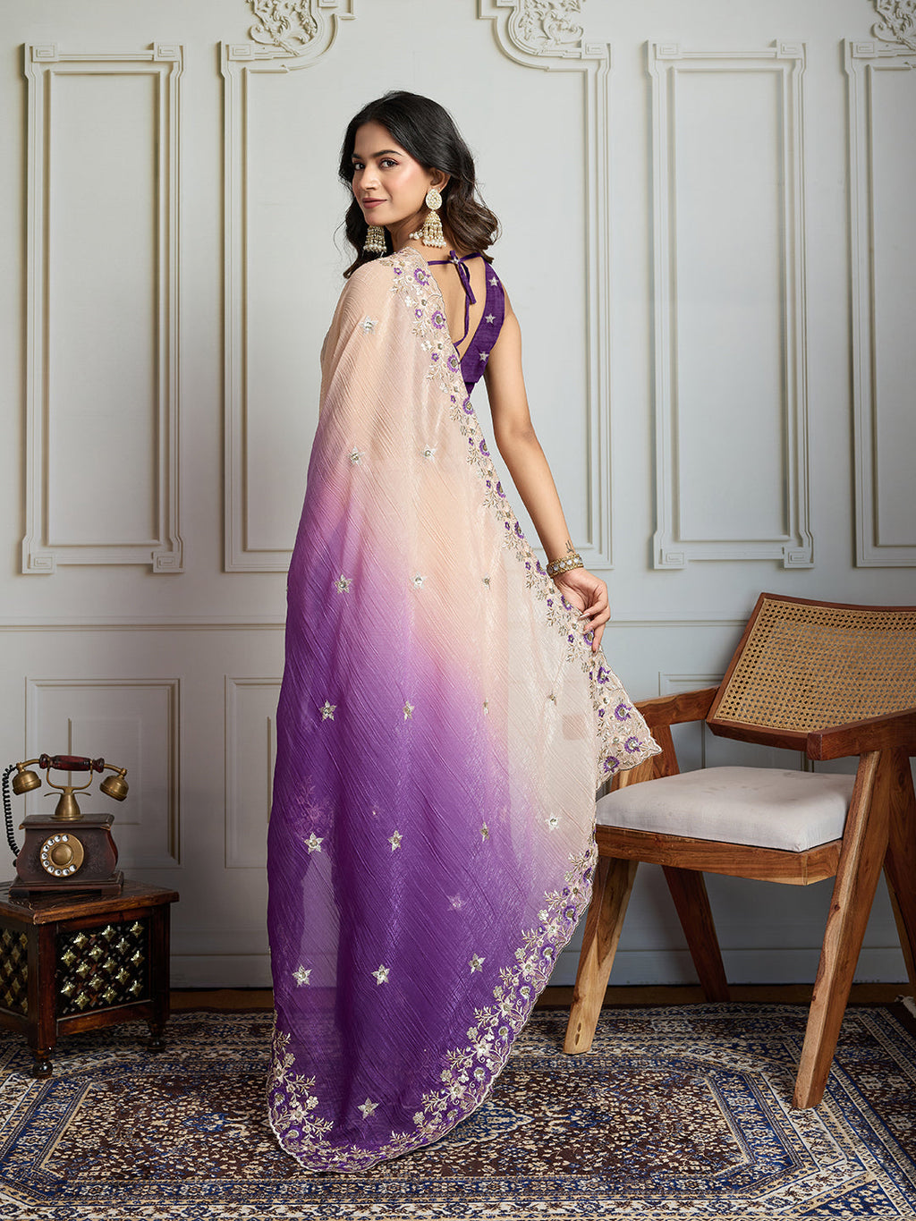 Jyoti Fashion Women's Purple Soft Crush Embroidered Designer Saree with Blouse | Grocsy