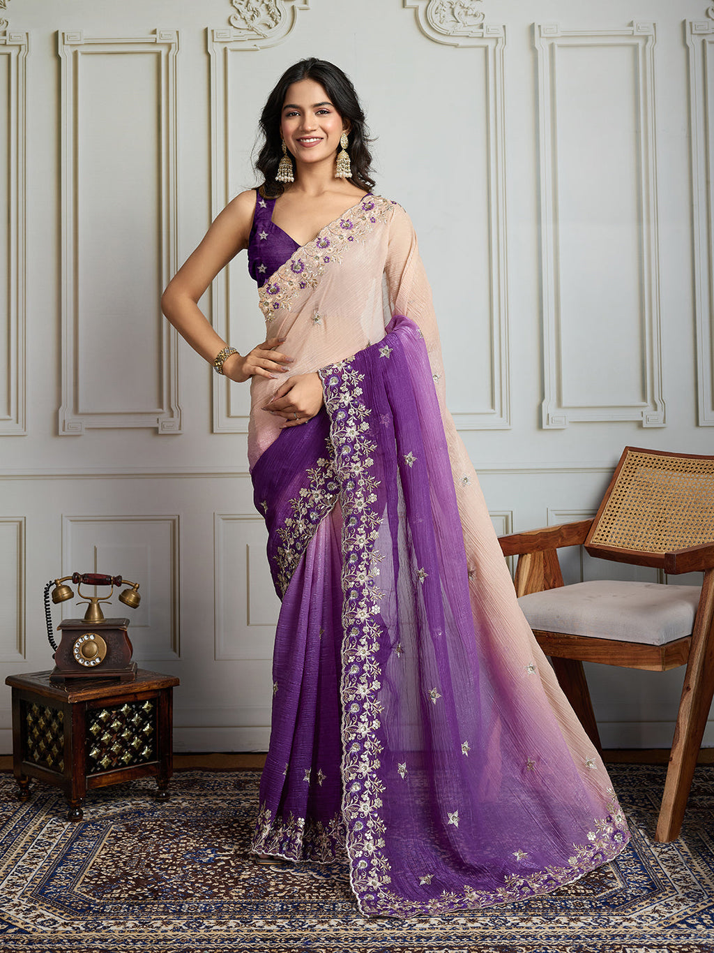 Jyoti Fashion Women's Purple Soft Crush Embroidered Designer Saree with Blouse | Grocsy