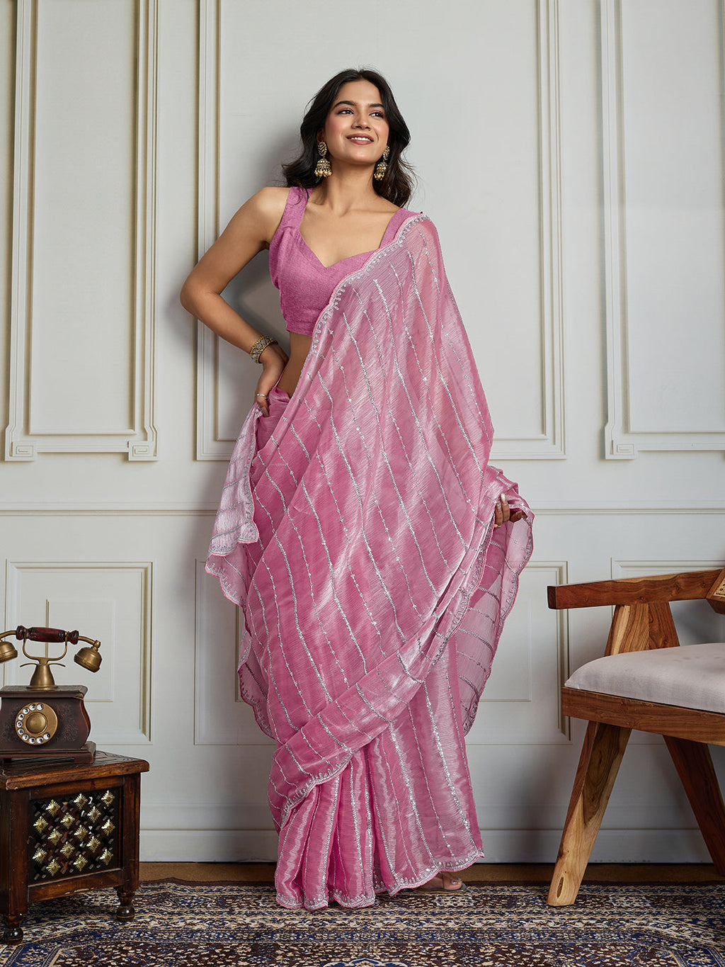Jyoti Fashion Women's Pink Chiffon Silk Sequins Designer Saree with Blouse | Grocsy