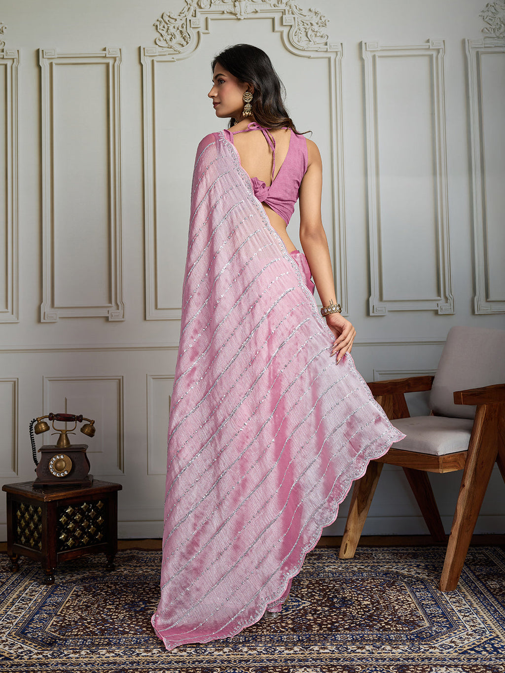 Jyoti Fashion Women's Pink Chiffon Silk Sequins Designer Saree with Blouse | Grocsy
