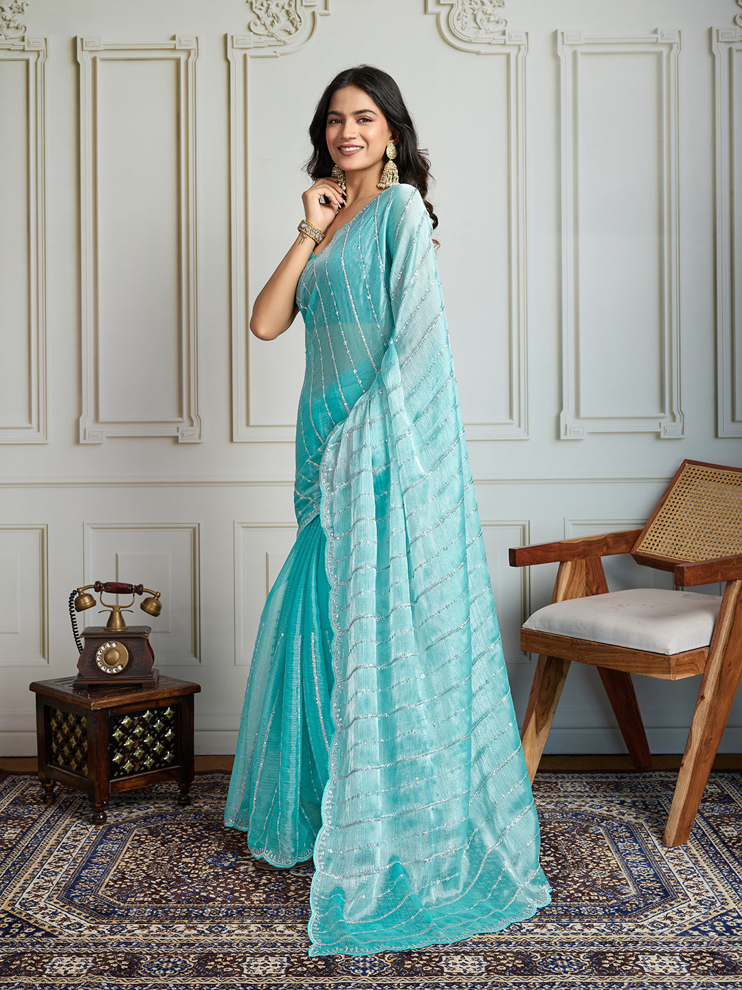 Jyoti Fashion Women's Sky Blue Chiffon Silk Sequins Designer Saree with Blouse | Grocsy