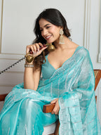 Jyoti Fashion Women's Sky Blue Chiffon Silk Sequins Designer Saree with Blouse | Grocsy