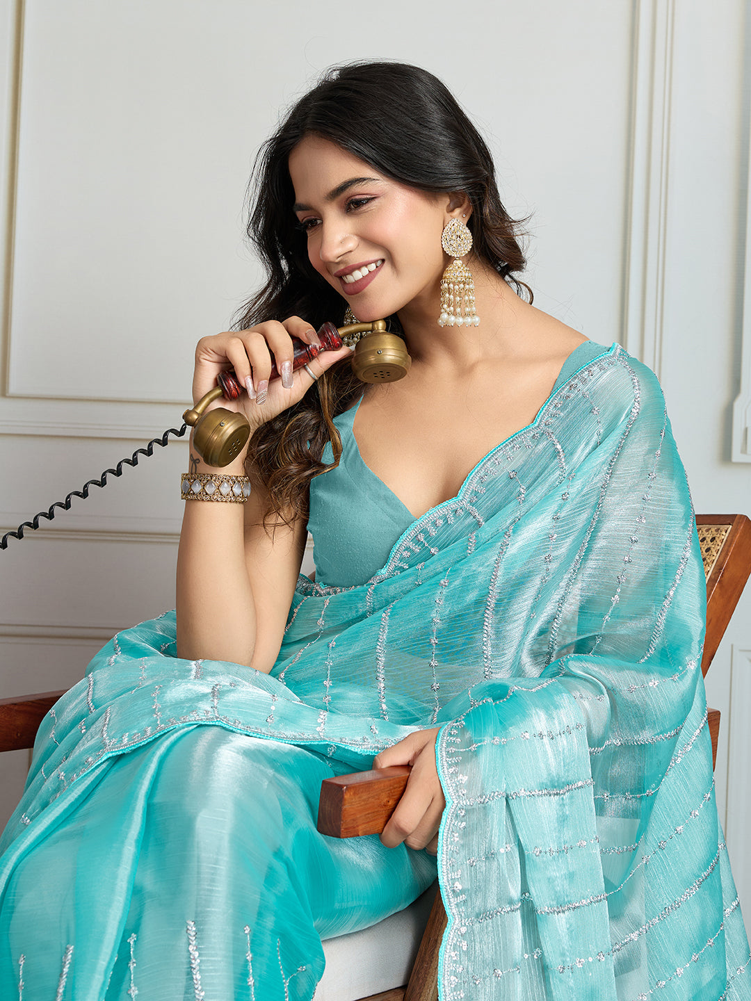 Jyoti Fashion Women's Sky Blue Chiffon Silk Sequins Designer Saree with Blouse | Grocsy