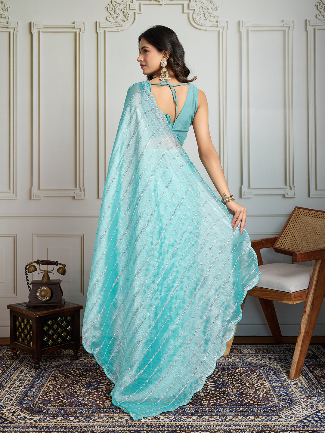 Jyoti Fashion Women's Sky Blue Chiffon Silk Sequins Designer Saree with Blouse | Grocsy