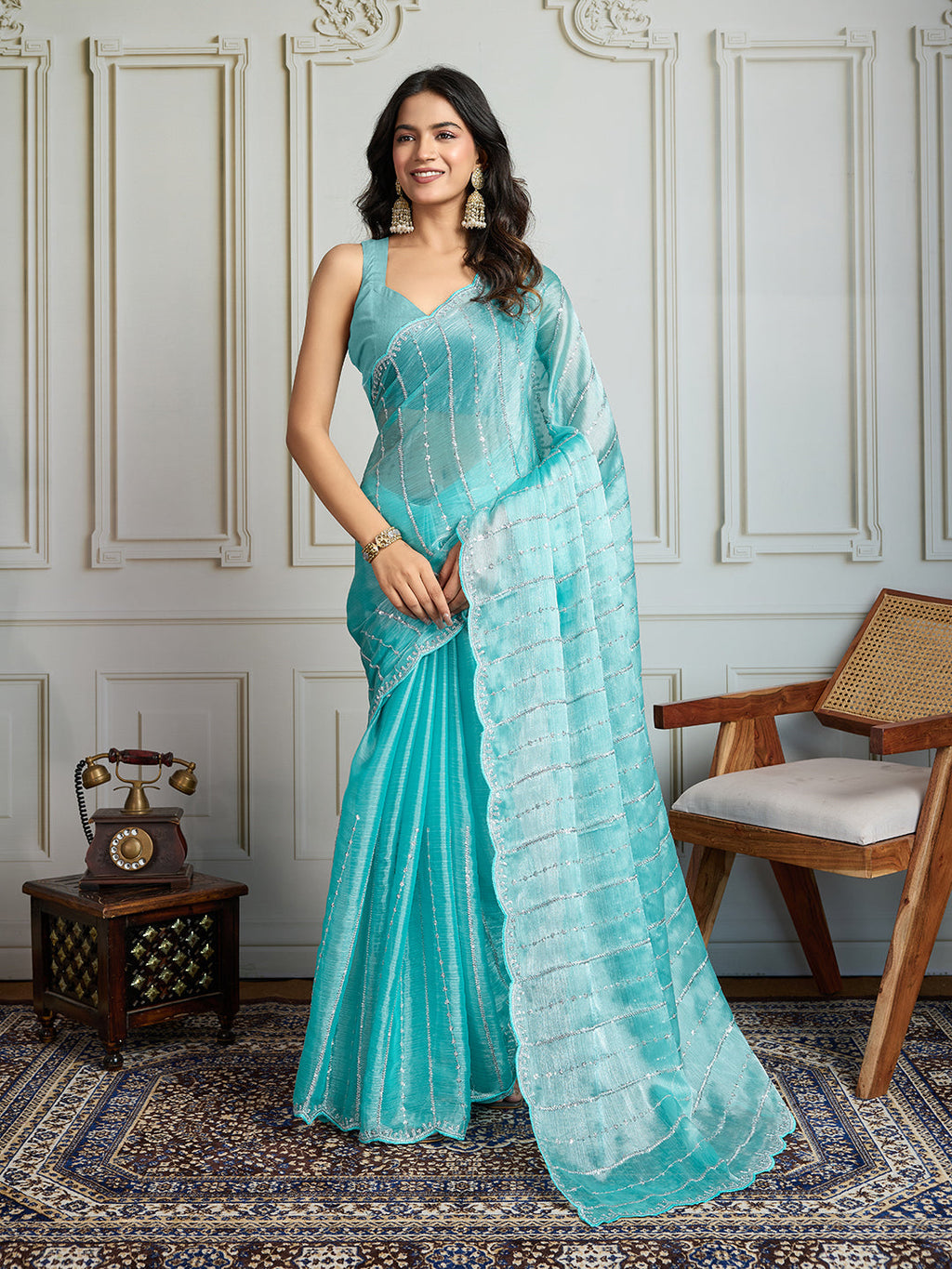 Jyoti Fashion Women's Sky Blue Chiffon Silk Sequins Designer Saree with Blouse | Grocsy