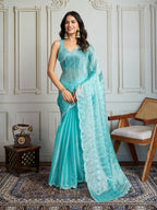 Jyoti Fashion Women's Sky Blue Chiffon Silk Sequins Designer Saree with Blouse | Grocsy
