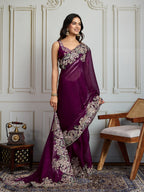 Jyoti Fashion Women's Wine Jimmy Choo Silk Embroidered Designer Saree with Blouse | Grocsy