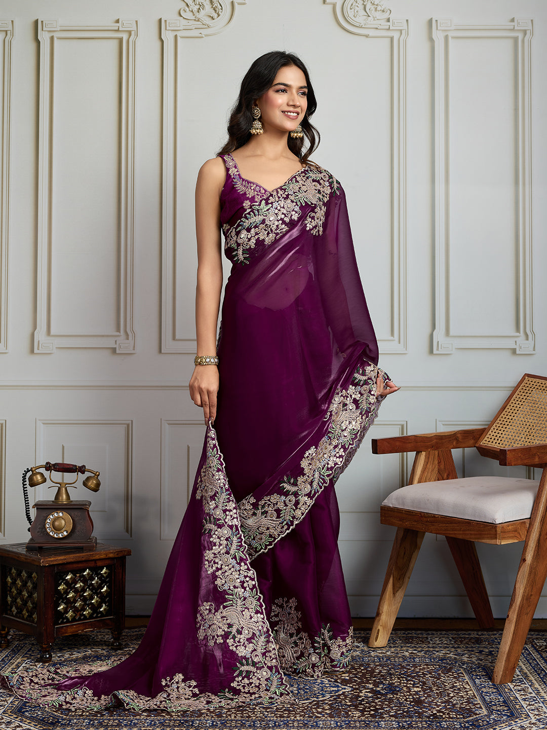 Jyoti Fashion Women's Wine Jimmy Choo Silk Embroidered Designer Saree with Blouse | Grocsy