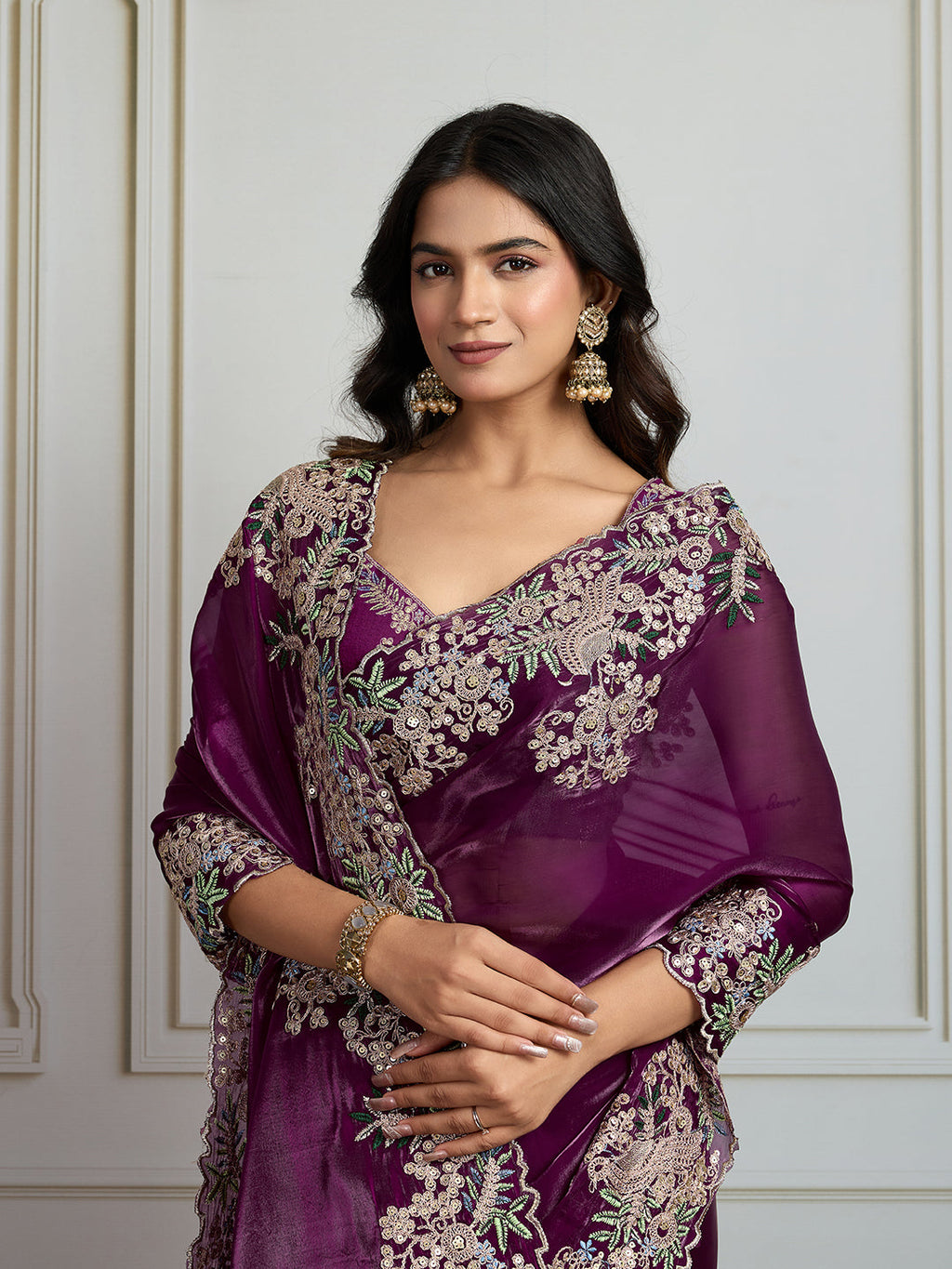 Jyoti Fashion Women's Wine Jimmy Choo Silk Embroidered Designer Saree with Blouse | Grocsy