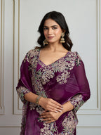 Jyoti Fashion Women's Wine Jimmy Choo Silk Embroidered Designer Saree with Blouse | Grocsy