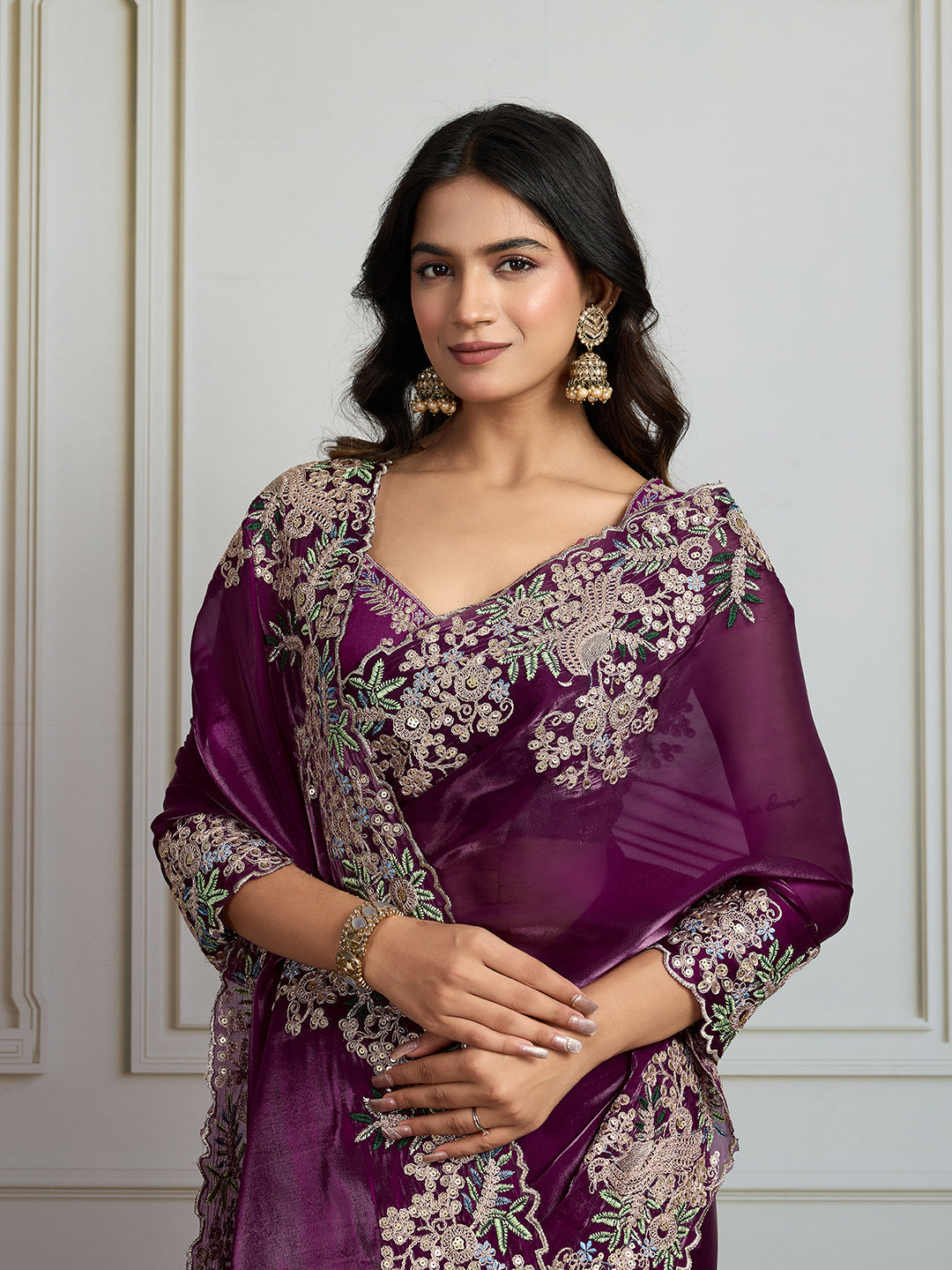Jyoti Fashion Women's Wine Jimmy Choo Silk Embroidered Designer Saree with Blouse | Grocsy