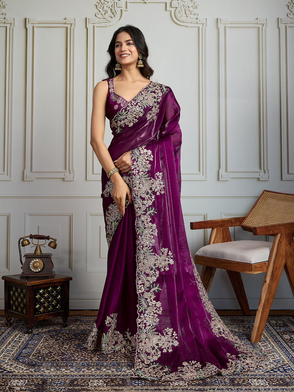 Jyoti Fashion Women's Wine Jimmy Choo Silk Embroidered Designer Saree with Blouse | Grocsy