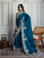 Jyoti Fashion Women's Teal Jimmy Choo Silk Embroidered Designer Saree with Blouse | Grocsy