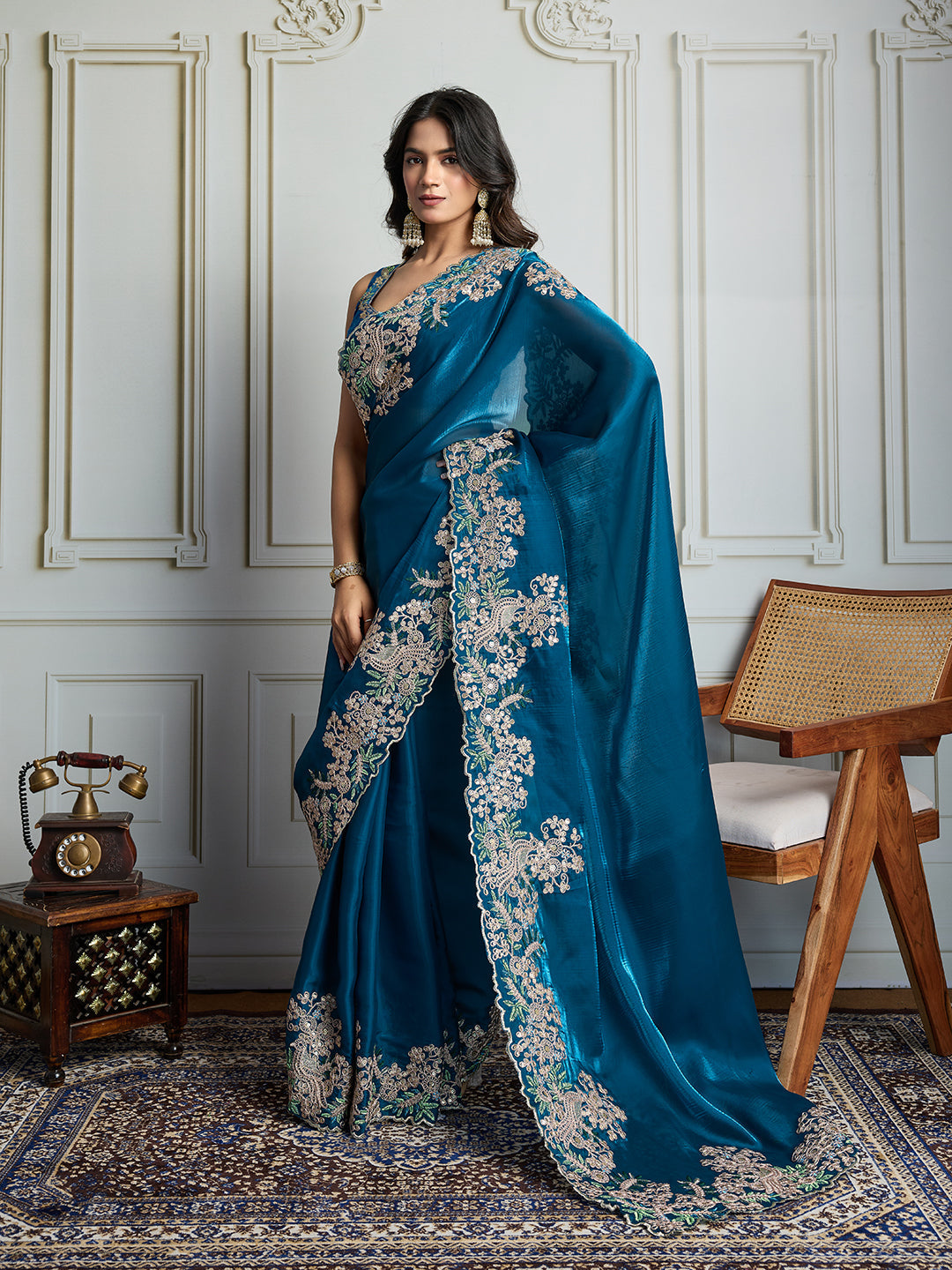 Jyoti Fashion Women's Teal Jimmy Choo Silk Embroidered Designer Saree with Blouse | Grocsy