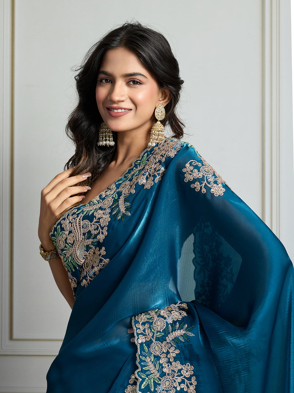 Jyoti Fashion Women's Teal Jimmy Choo Silk Embroidered Designer Saree with Blouse | Grocsy