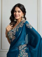 Jyoti Fashion Women's Teal Jimmy Choo Silk Embroidered Designer Saree with Blouse | Grocsy