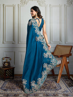 Jyoti Fashion Women's Teal Jimmy Choo Silk Embroidered Designer Saree with Blouse | Grocsy