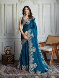 Jyoti Fashion Women's Teal Jimmy Choo Silk Embroidered Designer Saree with Blouse | Grocsy
